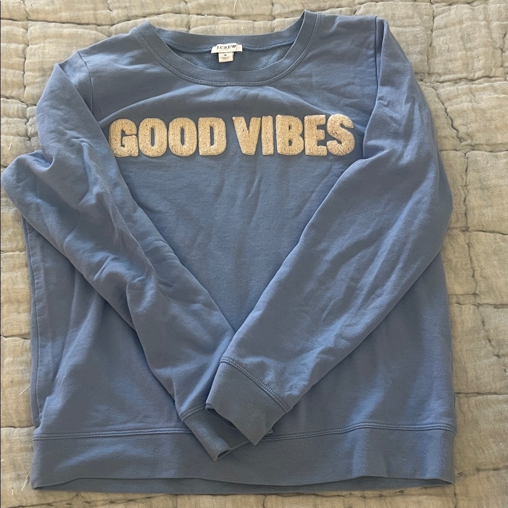 J. Crew Blue 'Good Vibes' Chenille Lettering Sweatshirt